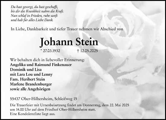Traueranzeige von Johann Stein von Allgemeine Zeitung Rheinhessen-Nahe