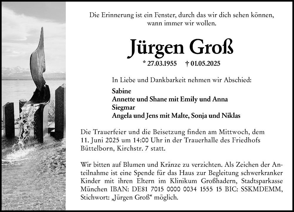  Traueranzeige für Jürgen Groß vom 17.05.2025 aus Groß-Gerauer Echo