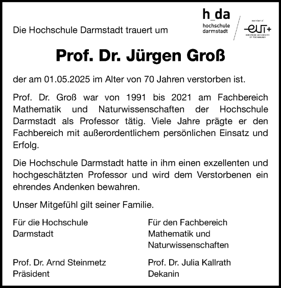 Traueranzeige von Jürgen Groß von Darmstädter Echo