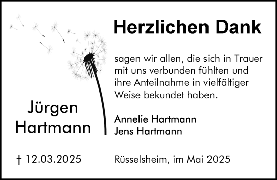 Traueranzeige von Jürgen Hartmann von Rüsselsheimer Echo