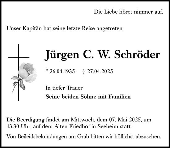 Traueranzeige von Jürgen C. W. Schröder von Darmstädter Echo