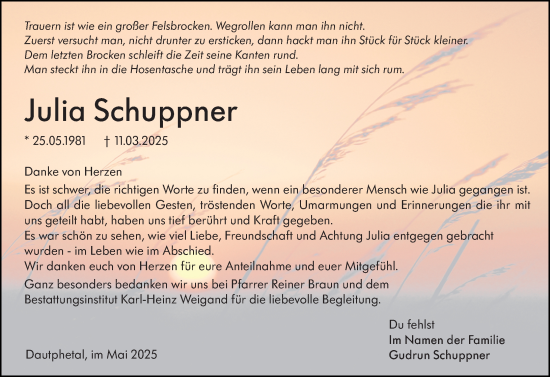Traueranzeige von Julia Schuppner von Hinterländer Anzeiger