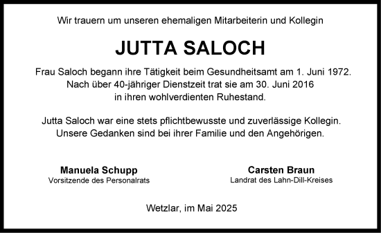 Traueranzeige von Jutta Saloch von Wetzlarer Neue Zeitung