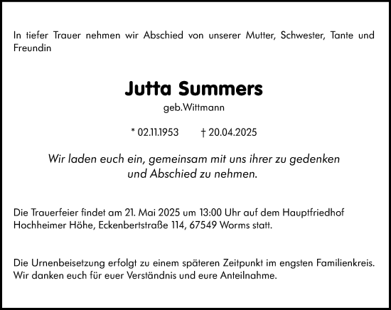 Traueranzeige von Jutta Summers von Wormser Zeitung