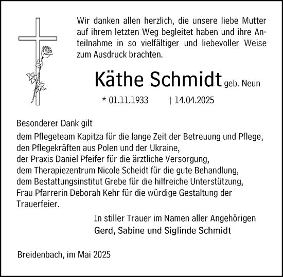 Traueranzeige von Käthe Schmidt von Hinterländer Anzeiger