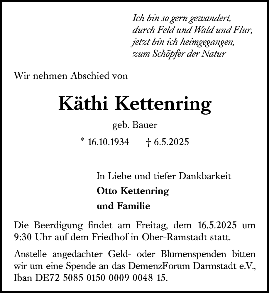  Traueranzeige für Käthi Kettenring vom 10.05.2025 aus Darmstädter Echo