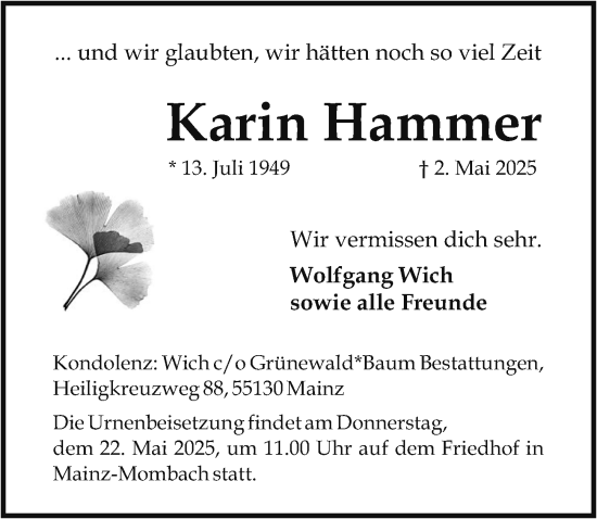 Traueranzeige von Karin Hammer von Allgemeine Zeitung Mainz