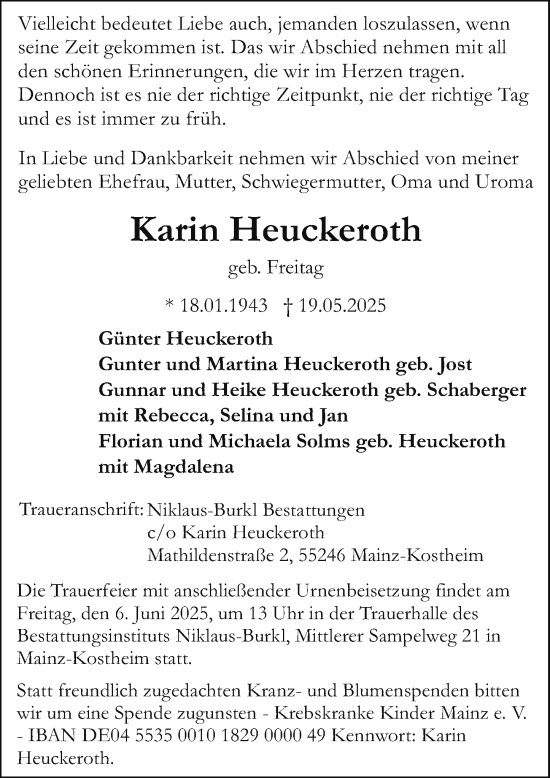 Traueranzeige von Karin Heuckeroth von Allgemeine Zeitung Mainz