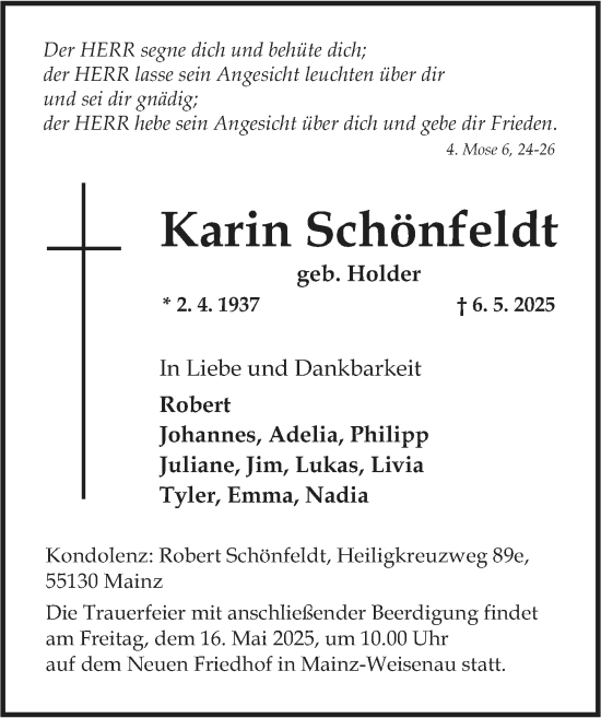 Traueranzeige von Karin Schönfeldt von Allgemeine Zeitung Mainz