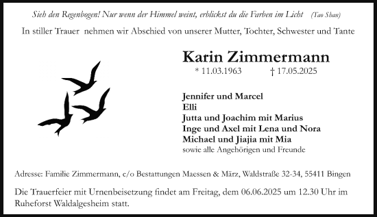 Traueranzeige von Karin Zimmermann von Allgemeine Zeitung Rheinhessen-Nahe
