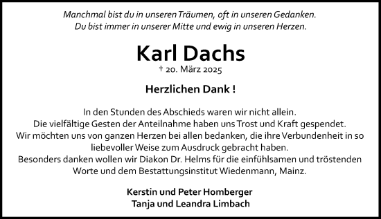 Traueranzeige von Karl Dachs von Allgemeine Zeitung Mainz