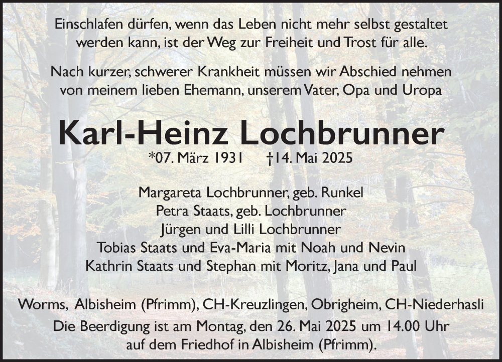  Traueranzeige für Karl-Heinz Lochbrunner vom 21.05.2025 aus Wormser Zeitung