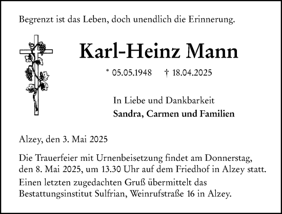 Traueranzeige von Karl-Heinz Mann von Allgemeine Zeitung Alzey