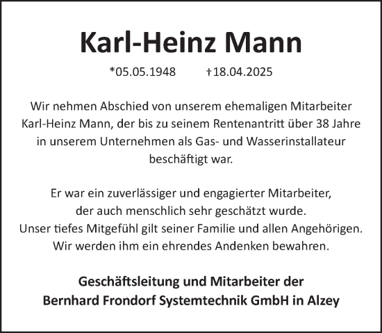 Traueranzeige von Karl-Heinz Mann von Allgemeine Zeitung Alzey