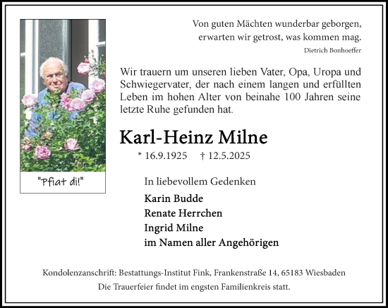 Traueranzeige von Karl-Heinz Milne von Wiesbadener Kurier