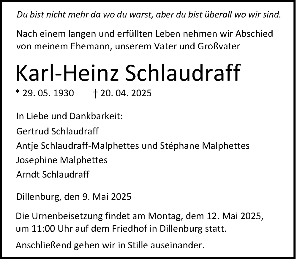  Traueranzeige für Karl-Heinz Schlaudraff vom 09.05.2025 aus Dill Block