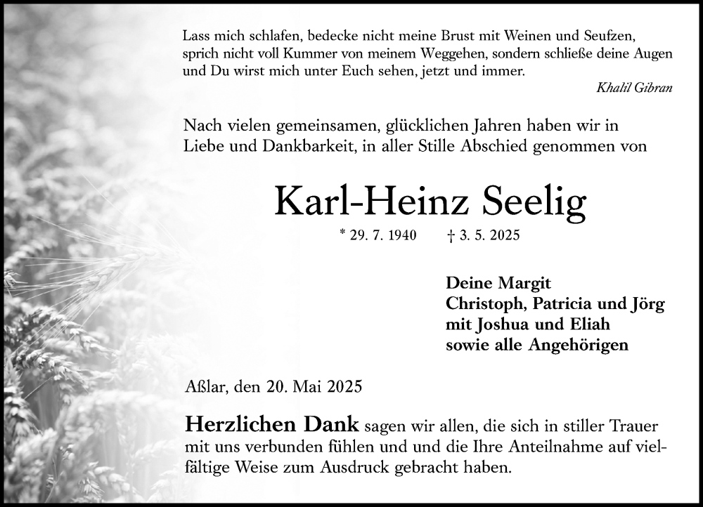  Traueranzeige für Karl-Heinz Seelig vom 20.05.2025 aus Wetzlarer Neue Zeitung