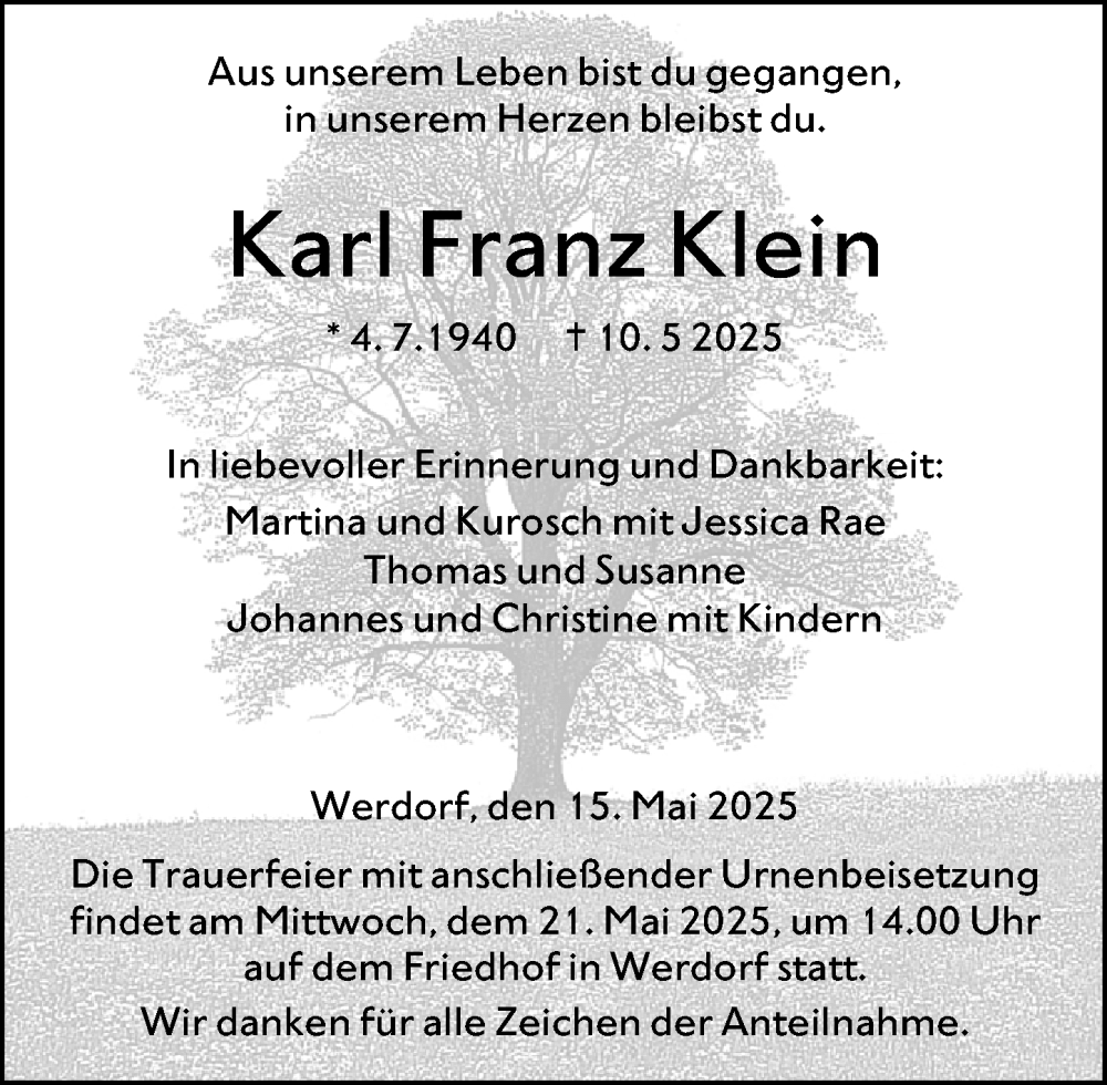  Traueranzeige für Karl Franz Klein vom 15.05.2025 aus Wetzlarer Neue Zeitung
