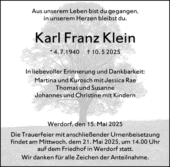 Traueranzeige von Karl Franz Klein von Wetzlarer Neue Zeitung
