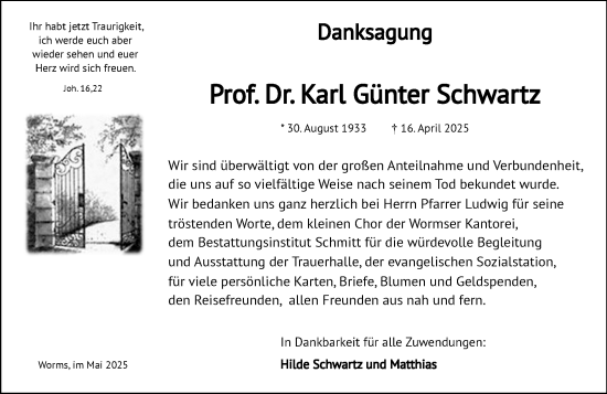 Traueranzeige von Karl Günter Schwartz von Wormser Zeitung