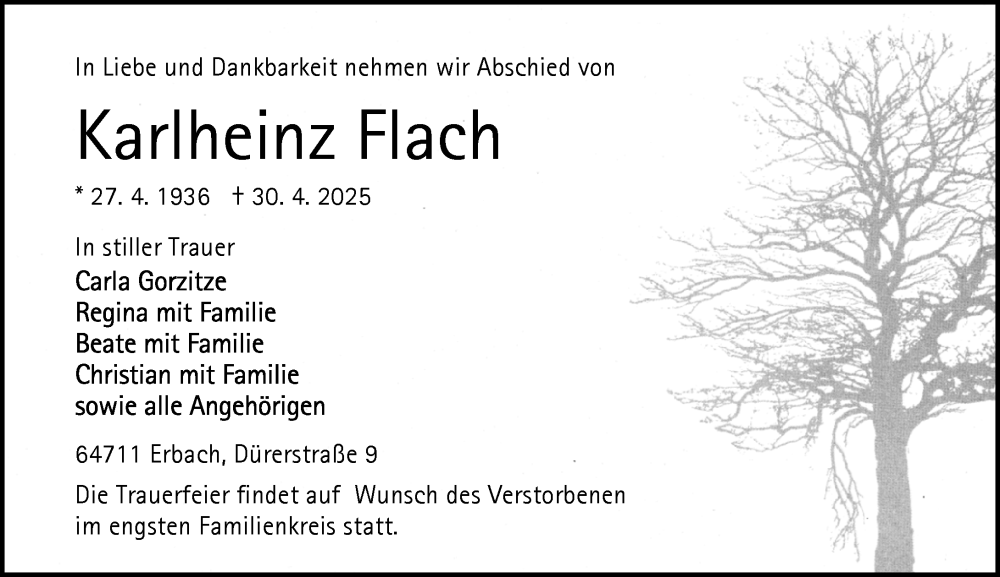  Traueranzeige für Karlheinz Flach vom 10.05.2025 aus Odenwälder Echo