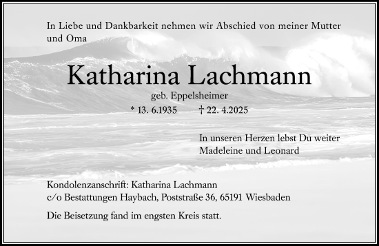 Traueranzeige von Katharina Lachmann von Wiesbadener Kurier