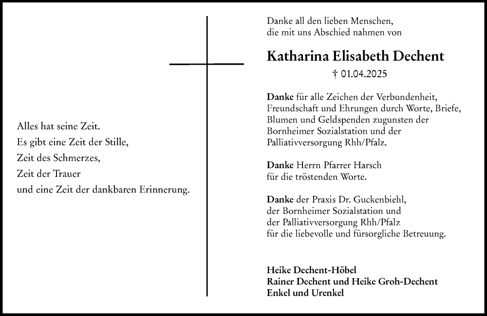  Traueranzeige für Katharina Elisabeth Dechent vom 24.05.2025 aus Allgemeine Zeitung Alzey