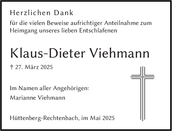 Traueranzeige von Klaus-Dieter Viehmann von Wetzlarer Neue Zeitung