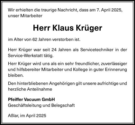 Traueranzeige von Klaus Krüger von Wetzlarer Neue Zeitung