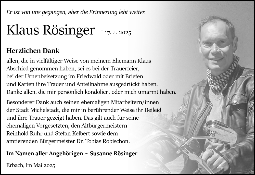  Traueranzeige für Klaus Rösinger vom 17.05.2025 aus Odenwälder Echo