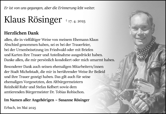 Traueranzeige von Klaus Rösinger von Odenwälder Echo