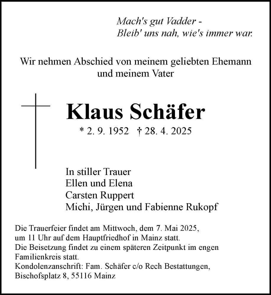  Traueranzeige für Klaus Schäfer vom 03.05.2025 aus Allgemeine Zeitung Mainz