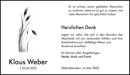 Traueranzeige von Klaus Weber von Camberger Anzeiger