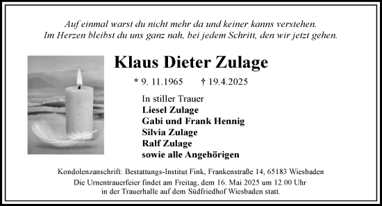 Traueranzeige von Klaus Dieter Zulage von Wiesbadener Kurier