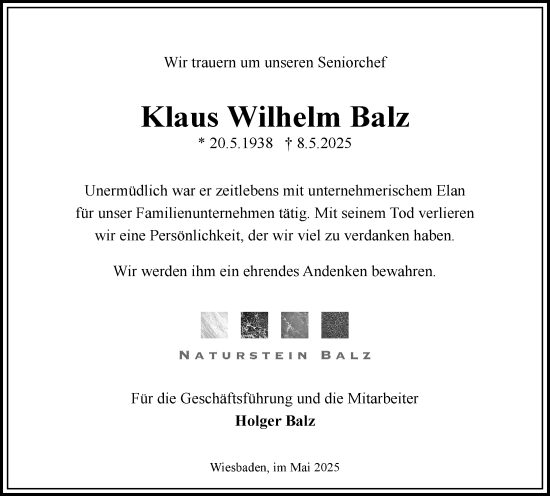 Traueranzeige von Klaus Wilhelm Balz von Wiesbadener Kurier
