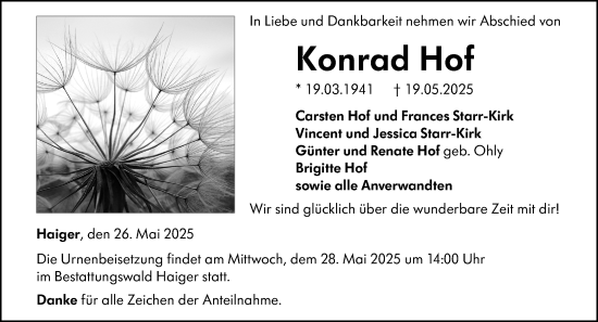 Traueranzeige von Konrad Hof von Dill Block