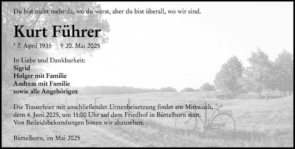  Traueranzeige für Kurt Führer vom 31.05.2025 aus Groß-Gerauer Echo
