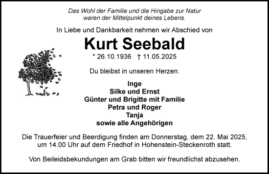 Traueranzeige von Kurt Seebald von Wiesbadener Kurier