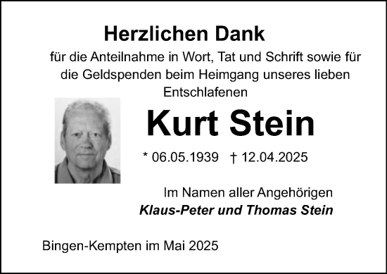 Traueranzeige von Kurt Stein von Binger-/Ingelheimer Wochenblatt