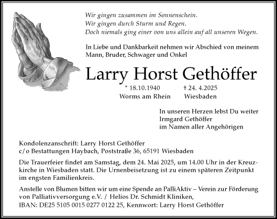 Traueranzeige von Larry Horst Gethöffer von Wiesbadener Kurier