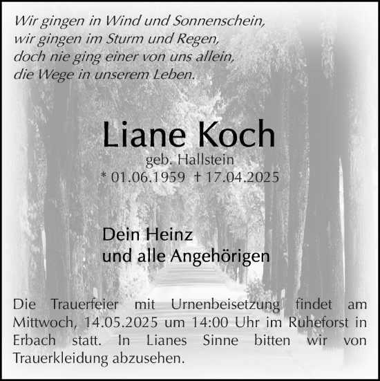 Traueranzeige von Liane Koch von Odenwälder Echo
