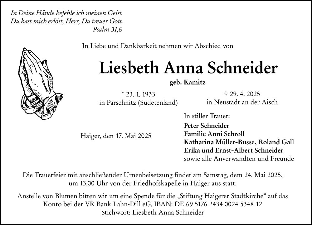  Traueranzeige für Liesbeth Anna Schneider vom 17.05.2025 aus Dill Block