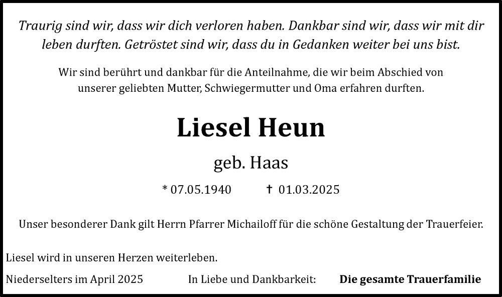  Traueranzeige für Liesel Heun vom 08.05.2025 aus Camberger Anzeiger