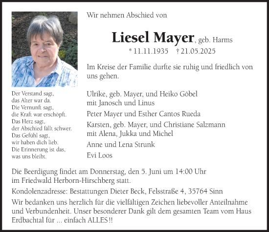 Traueranzeige von Liesel Mayer von Dill Block