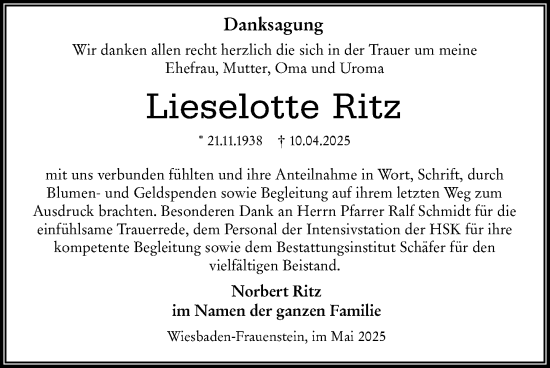 Traueranzeige von Lieselotte Ritz von Wiesbadener Kurier