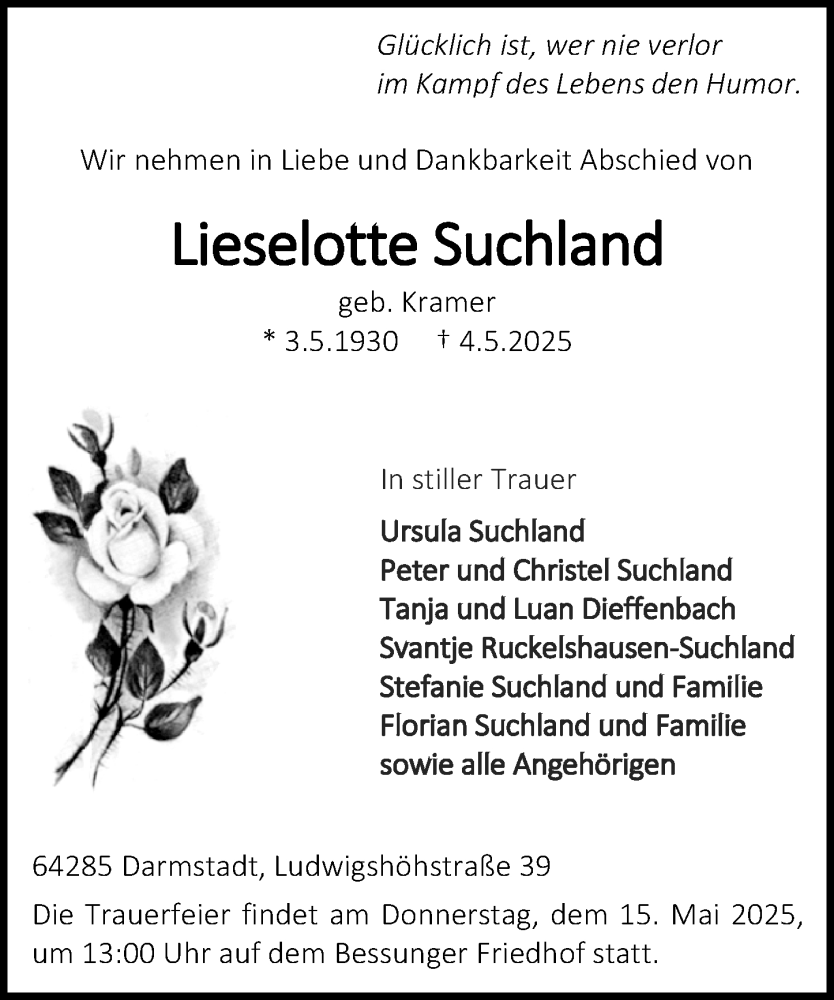  Traueranzeige für Lieselotte Suchland vom 10.05.2025 aus Darmstädter Echo