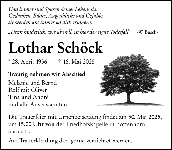 Traueranzeige von Lothar Schöck von Hinterländer Anzeiger