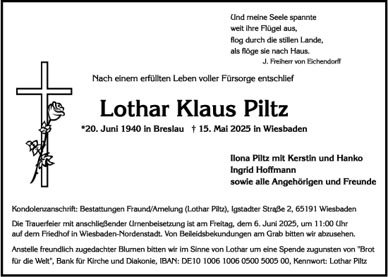 Traueranzeige von Lothar Klaus Piltz von Wiesbadener Kurier