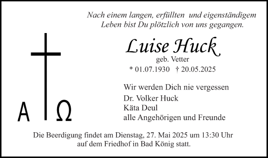 Traueranzeige von Luise Huck von Odenwälder Echo
