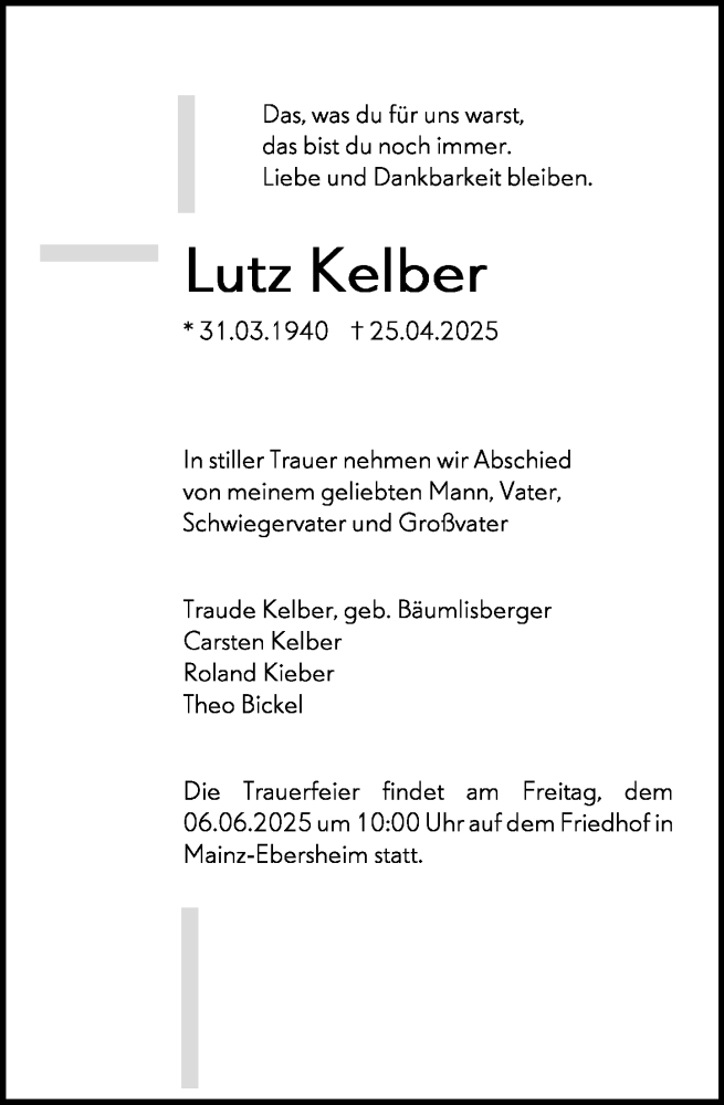  Traueranzeige für Lutz Kelber vom 31.05.2025 aus Allgemeine Zeitung Mainz